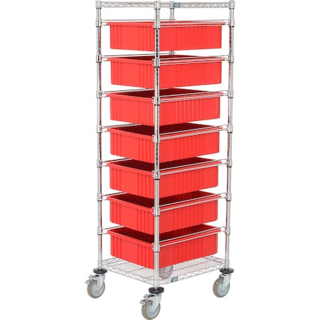 Global Industrial Chrome Wire Cart With 7 6inH Red Grid Containers, 21x24x69 269028RD